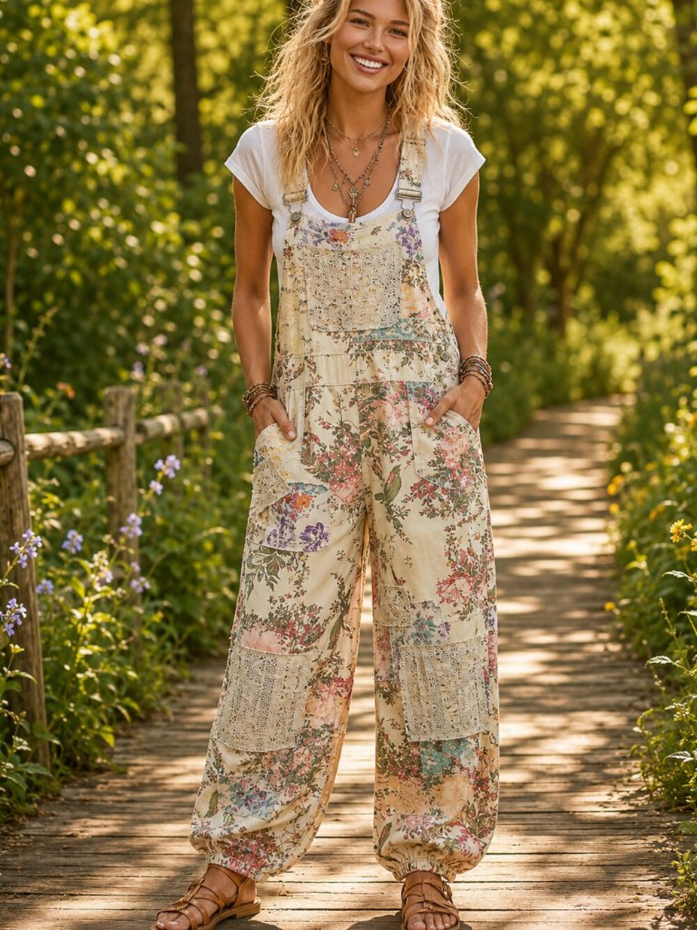 POL Floral Frenzy Denim Patchwork Lace Jogger Ankle Suspender Strap Jean Overall